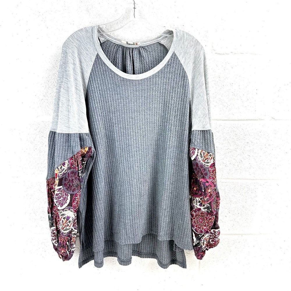 Umgee Top Womens Mixed Media Boho Lantern Sleeve Peasant Popover Gray Sz XL